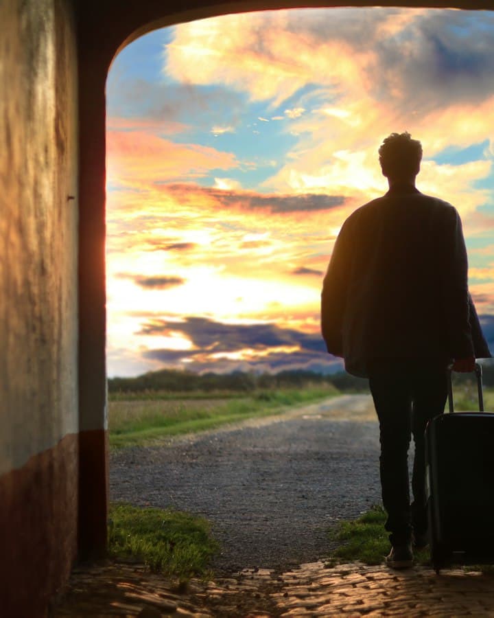 A traveller with a suitcase walking down a country road at sunset